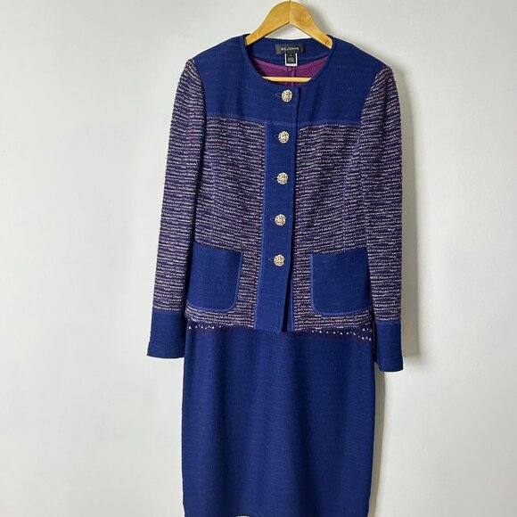 St. John Blue Purple Texture Tweed‎ Career Jacket Blazer Dress Set Women'… - Picture 9 of 15